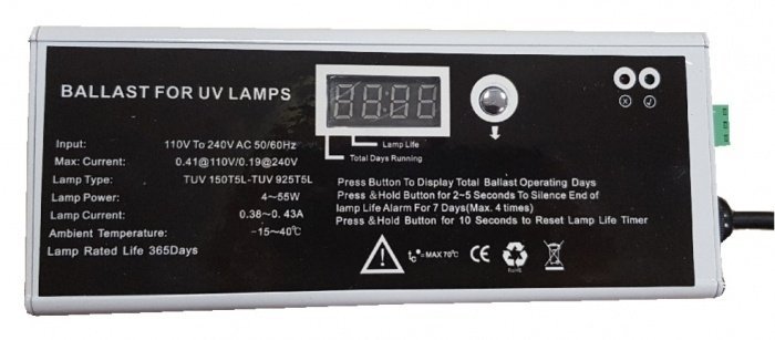 Balast electronic cu afisaj ore functionare pentru lampi UV 6-55W 4 pini